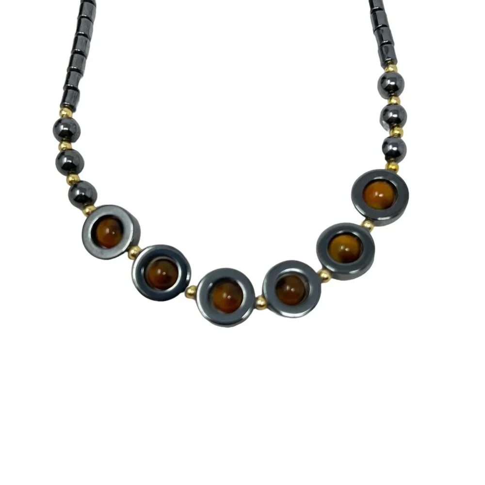 Hematite Necklace Black Natural Stone Caged Yellow Orange‎ Beads Gold Tone Beads